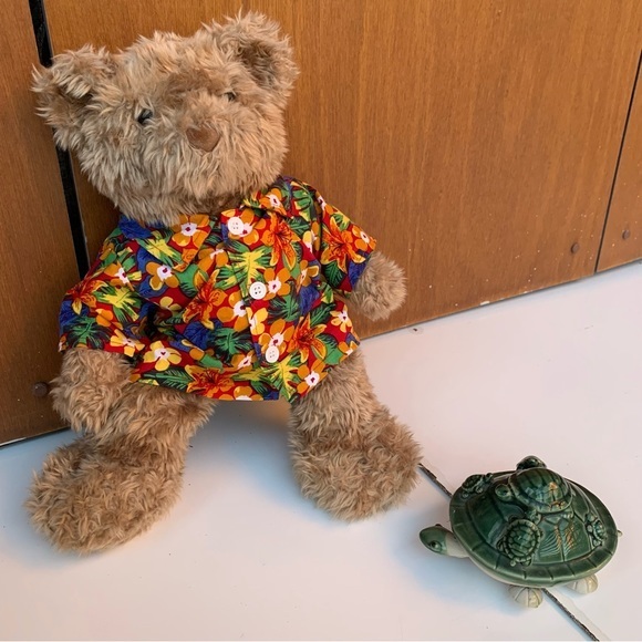Build-A-Bear Bear, tan curly fur and nose, black smooth paw pads. Floral shirt - Picture 2 of 10